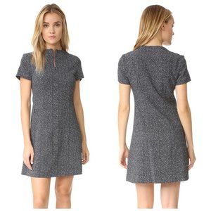 Theory modern A-line crepe dress (B&W tweed look). Hidden front zip and pockets.